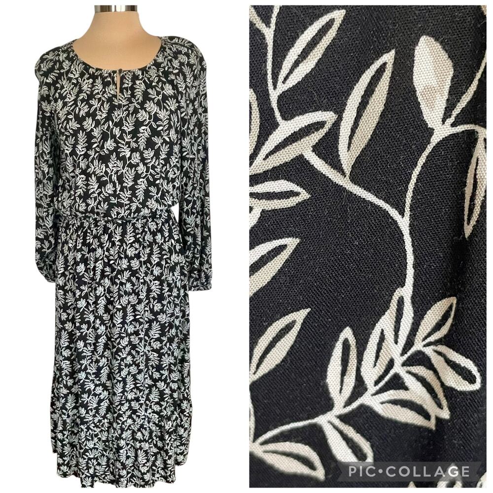 Old Navy Black Vine Print Tiered Maxi Dress Sz Large Tall Long Sleeve Boho Flowy